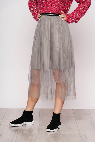 Fusta SunShine gri casual midi in clos din tul cu elastic in talie si captusita pe interior