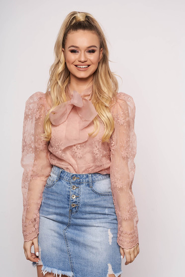 Bluza dama SunShine roz prafuit de party scurta din tul si dantela cu maneci lungi