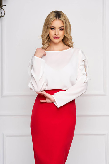 Bluza dama SunShine alba eleganta scurta cu croi larg din voal cu aplicatii de dantela si volanase la maneca