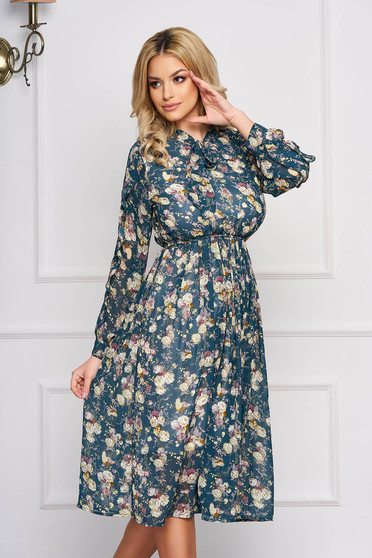 Rochie SunShine verde petrol eleganta midi in clos din voal cu elastic in talie si imprimeu floral