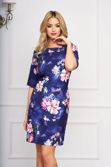 Rochie StarShinerS albastru-inchis eleganta scurta din stofa cu un croi drept si imprimeuri florale