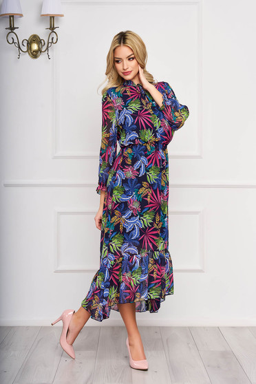 Rochie roz asimetrica eleganta din voal cu imprimeuri florale si cu elastic in talie