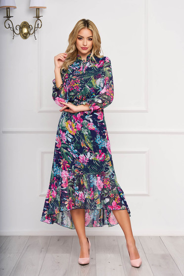 Rochie verde asimetrica eleganta din voal cu imprimeuri florale si cu elastic in talie