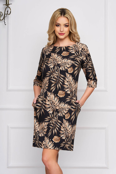 Rochie StarShinerS neagra eleganta scurta cu croi in a din stofa cu imprimeuri florale