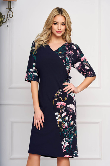 Rochie albastru-inchis eleganta midi din stofa cu un croi drept si imprimeuri florale