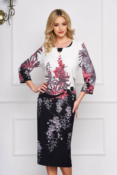Rochie alba eleganta midi cu un croi drept cu imprimeuri florale cu peplum si accesorizata cu o fundita