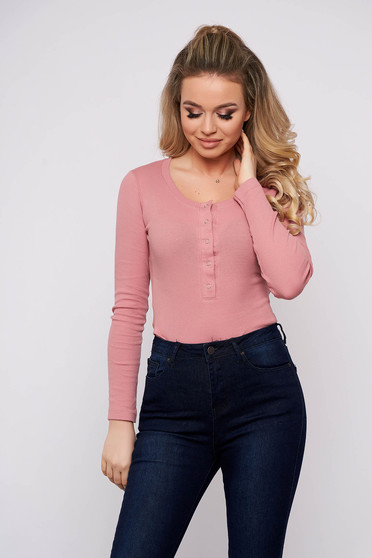 Body SunShine roz prafuit basic din bumbac reiat cu decolteu rotunjit si maneci lungi