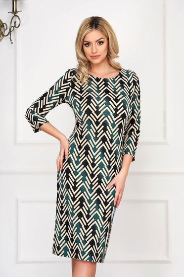 Rochie verde petrol eleganta midi tip creion cu maneca lunga si imprimeuri grafice