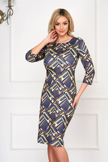 Rochie gri eleganta midi tip creion din bumbac cu maneca lunga si imprimeuri florale