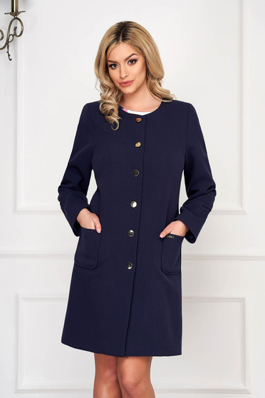 Trench albastru-inchis elegant din stofa cu un croi drept cu buzunare