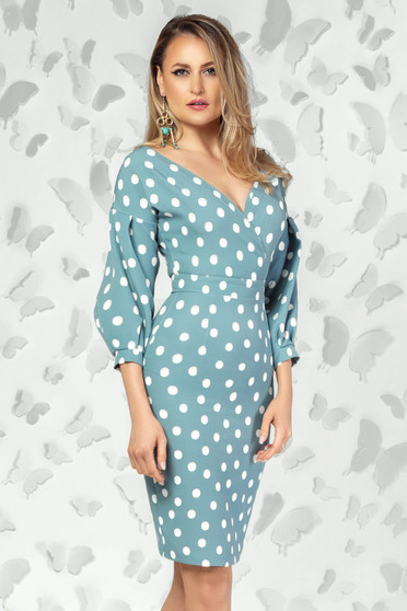 Rochie PrettyGirl turcoaz office tip creion cu decolteu adanc cu maneci bufante si imprimeu cu buline