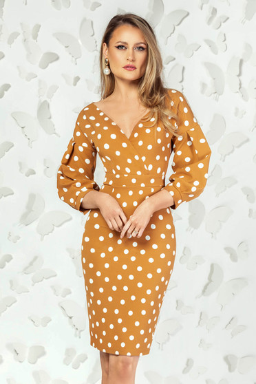 Rochie PrettyGirl mustarie office tip creion cu decolteu adanc cu maneci bufante si imprimeu cu buline