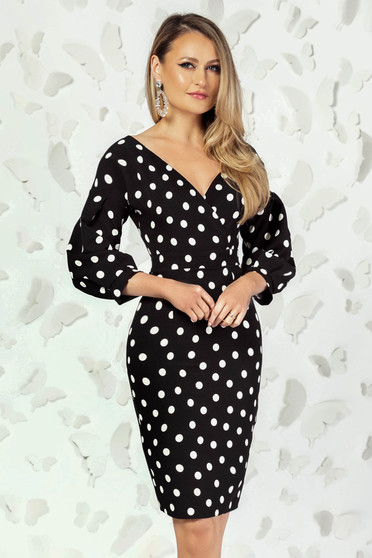 Rochie PrettyGirl neagra office tip creion cu decolteu adanc cu maneci bufante si imprimeu cu buline
