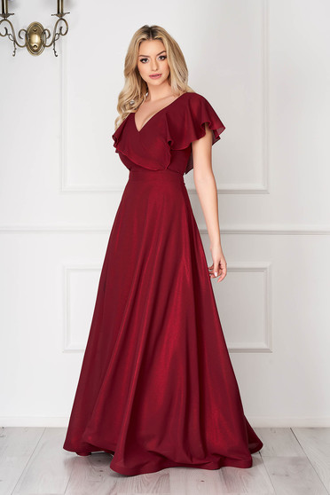 Dress StarShinerS burgundy occasional flaring cut frilly trim around cleavage line from veil fabric