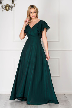 Dress StarShinerS green occasional flaring cut frilly trim around cleavage line from veil fabric
