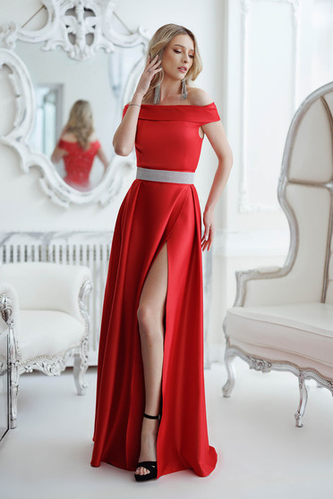 Long red taffeta dress in A-line with bare shoulders slit on the leg - Artista