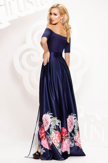 Darkblue dress occasional long cloche with floral print off-shoulder taffeta