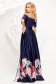 Dark blue dress long cloche with floral print off-shoulder taffeta 1 - StarShinerS.com