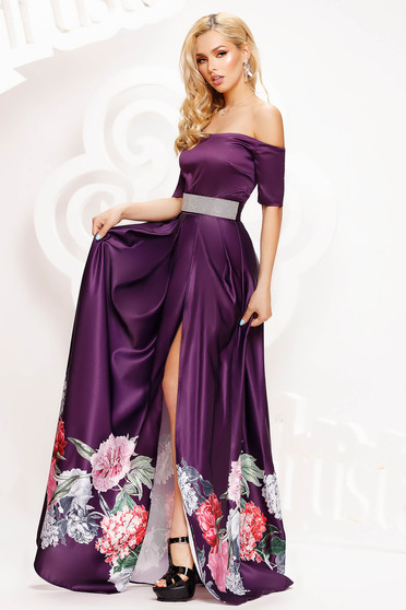 Purple dress long cloche with floral print off-shoulder taffeta