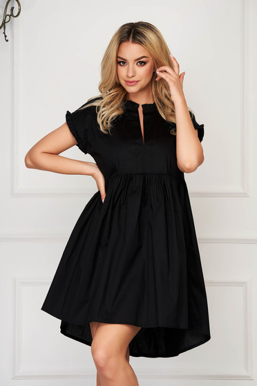 Black casual midi dress poplin, thin cotton asymmetrical short sleeves