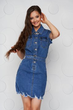 Blue casual short cut denim sleeveless dress with pockets