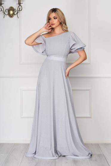 Dress StarShinerS grey long occasional cloche from veil fabric one shoulder