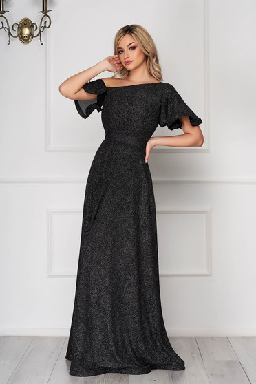 Luxurious dresses, Dress StarShinerS black long occasional cloche from veil fabric one shoulder - StarShinerS.com