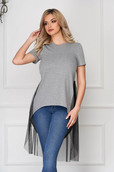 Blouses & Shirts, T-shirt StarShinerS grey casual asymmetrical stretch flared with net accessory - StarShinerS.com