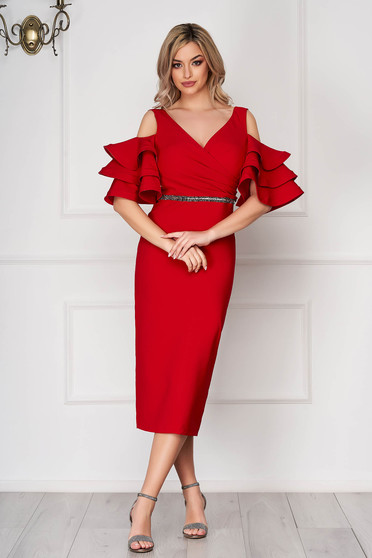 Red Dress Occasional Midi Pencil Naked Shoulders Bell Sleeves Cloth Thin Fabric 9234