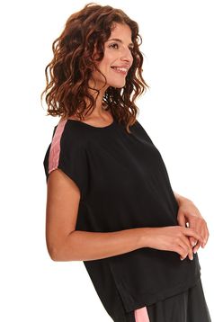 Black women`s blouse short sleeve casual with easy cut airy fabric