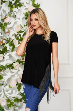 StarShinerS black women`s blouse casual long flared jersey with fringes