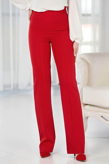 Pantaloni Dama StarShinerS, Pantaloni StarShinerS rosii eleganti lungi evazati din stofa din material elastic - StarShinerS.ro