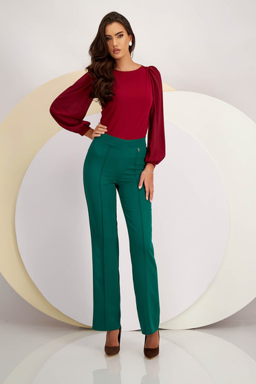 Pantaloni eleganti dama, Pantaloni din stofa usor elastica verde-inchis lungi evazati cu talie inalta - StarShinerS - StarShinerS.ro