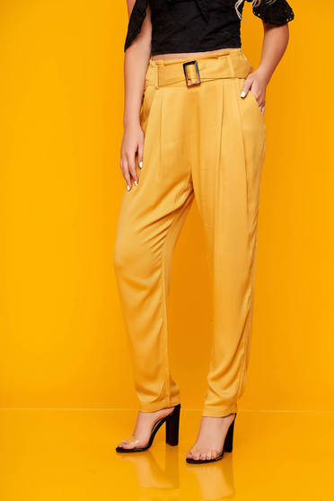 Pantaloni Dama , marimea XL, Pantaloni Top Secret galbeni casual cu croi larg din material subtire cu talie inalta - StarShinerS.ro