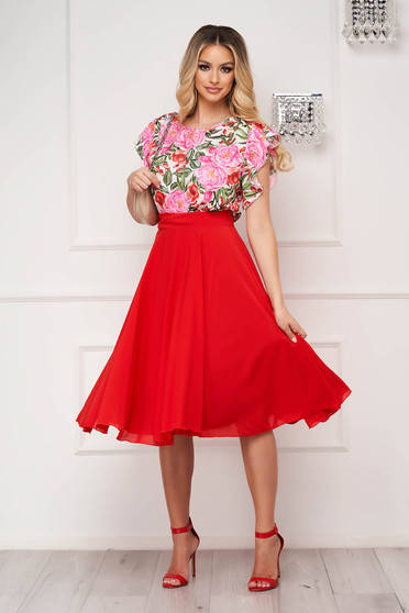Elegant skirts, - StarShinerS midi cloche from veil fabric high waisted red skirt - StarShinerS.com