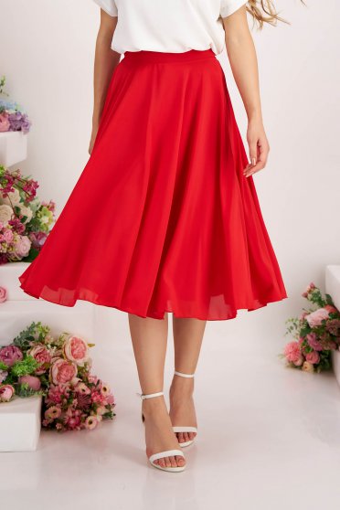 Red Voile Midi Flared Skirt with High Waist - StarShinerS
