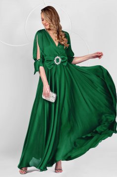 Rochie din voal verde-inchis in clos cu elastic in talie cu decolteu petrecut - PrettyGirl