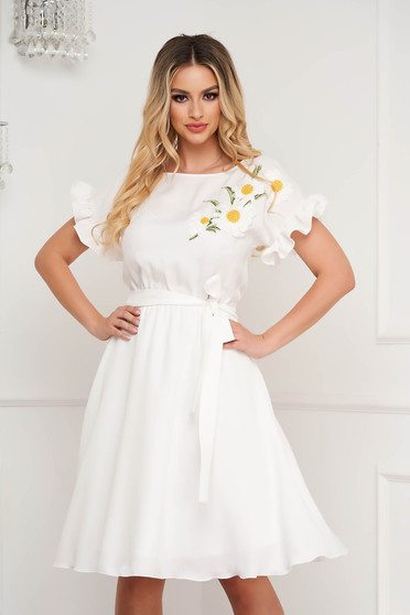 Midi white dress made of stretchy material, A-line cut with ruffles on the sleeves and unique floral embroidery - StarShinerS
