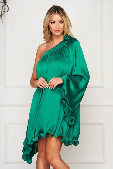 Dress green asymmetrical loose fit from satin fabric texture