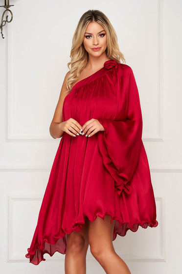 Dress red occasional asymmetrical loose fit from satin fabric texture