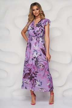 StarShinerS lila dress daily long from veil fabric with floral print accessorized with tied waistband with ruffled sleeves