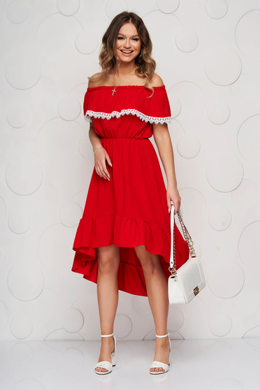 off the shoulder dress with ruffles at the bottom