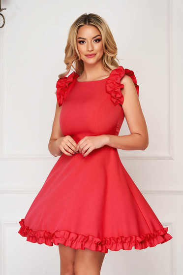 Rochii elegante, din stofa, marimea S, Rochie rosie eleganta scurta din stofa cu volanase la maneca - StarShinerS.ro