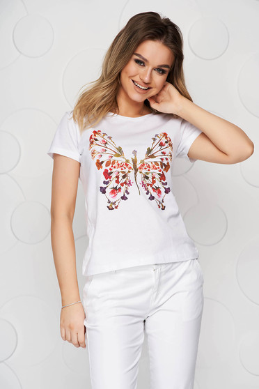 White t-shirt casual cotton flared with graphic details