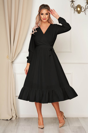 Dress StarShinerS black elegant midi wrap over front with elastic waist accessorized with tied waistband