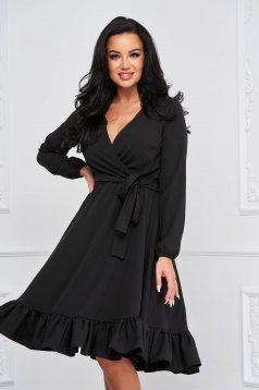 Dress black slightly elastic fabric midi cloche with elastic waist wrap over front - StarShinerS