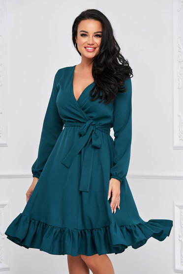 Dress green slightly elastic fabric midi cloche with elastic waist wrap over front - StarShinerS