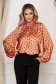Women`s blouse brown elegant flared with puffed sleeves with geometrical print 1 - StarShinerS.com