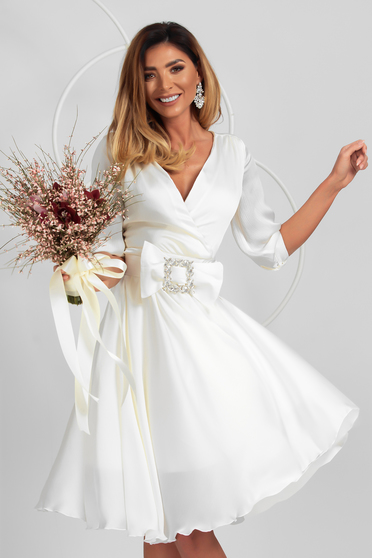Dresses with rhinestones, Midi Satin Veil Dress in White, Flared, Accessorized with a Buckle - PrettyGirl - StarShinerS.com