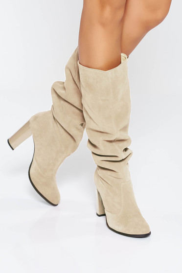Footwear, Cream casual boots chunky heel natural leather - StarShinerS.com